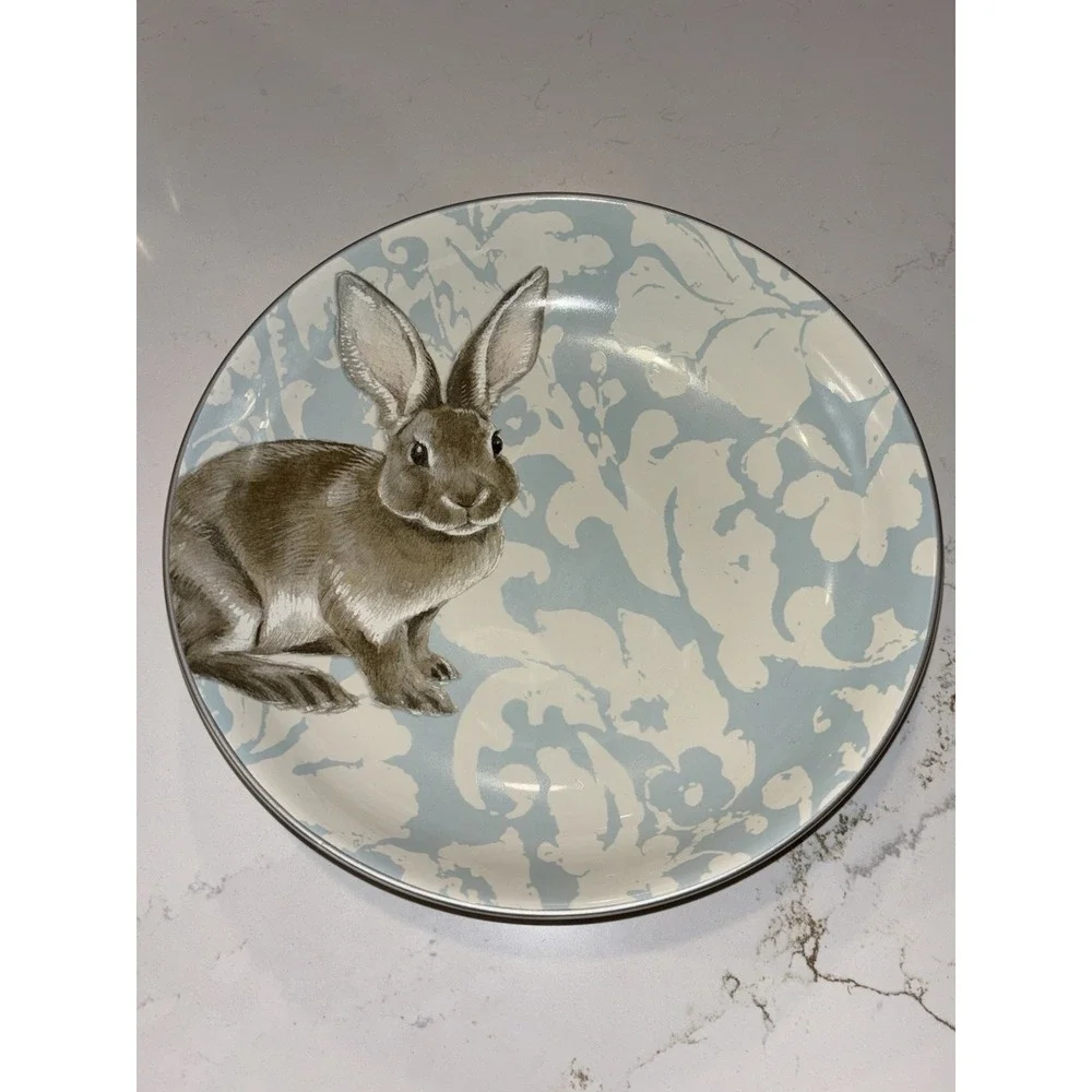 Williams Sonoma Damask Easter Bunny Large Round 3 Qt 12 3/4 Serving Bowl Lt Blue
